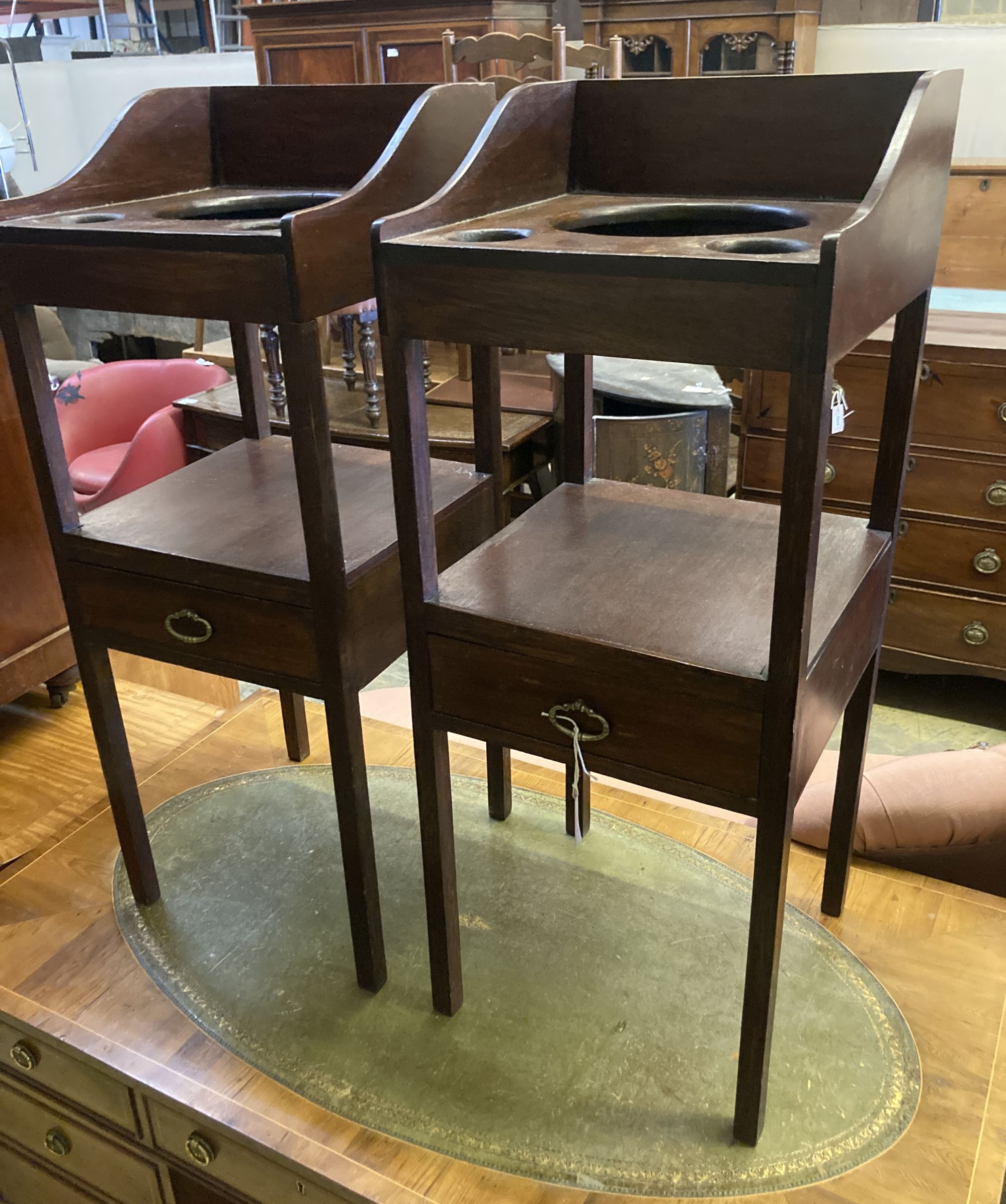 A pair of George III style bedside mahogany night tables, width 36cm, depth 36cm, height 93cm